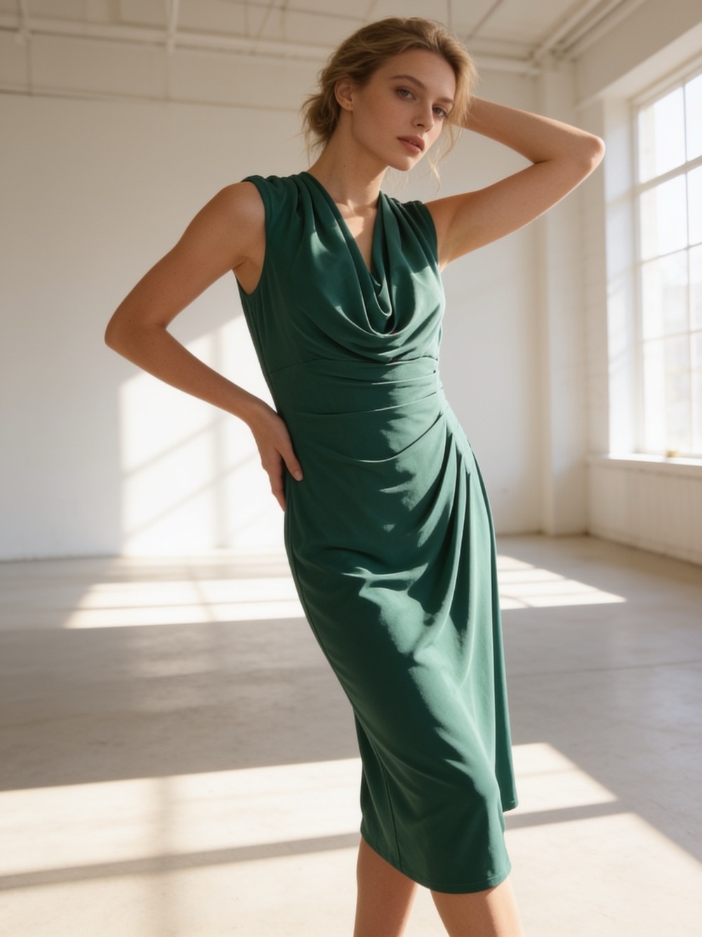 NWT Lauren Ralph Lauren Teal Cowl Neck Ruched Midi Dress Size 6